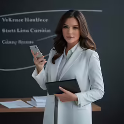 a woman is looking at her cell phone and holding a book