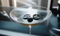 a martini with black buttons in it is sitting on the counter