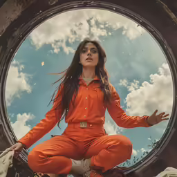 a woman is doing yoga in front of a sky background
