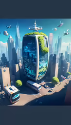 an aerial city landscape with green vegetation and flying planes