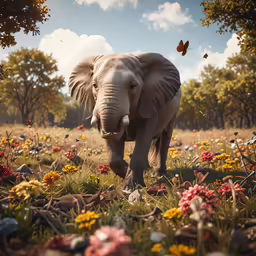the elephant stands in a flowery field