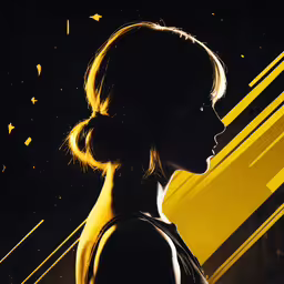 a woman is silhouetted against yellow lines,a woman with yellow background looking back and a pair of scissors