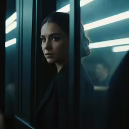 woman looking out window on bus with other people