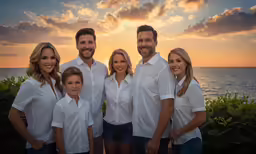 this family is posing for a photo in front of the ocean