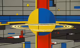 a painting of a round object and circles,a very colorful and unusual clock in the middle of a floor