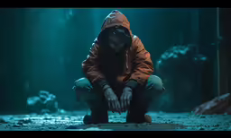 a person crouches down in the middle of a forest