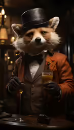 a red - tailed ferret dressed in a top hat and tails with a drink in his hand