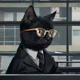 cat dressed up in glasses, a black suit and a suit