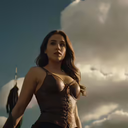 a woman in brown top with swords on a cloudy day