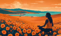 a person is sitting in an open field with flowers,a girl in a yellow top sitting on a hill