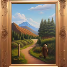 a painting with a person walking up a road,a painting of a man standing on a road in a forest