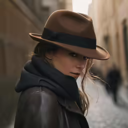 the woman is wearing a brown hat and scarf