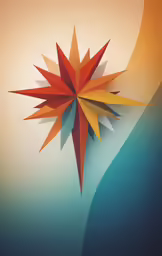 a red star burst on a blue green yellow orange white background