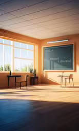 a school room with chairs, tables and a chalkboard
