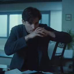 a man looking down at paperwork on a table