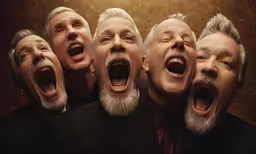 several men are screaming while wearing suits and ties