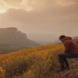 a man is sitting on a small hill looking down