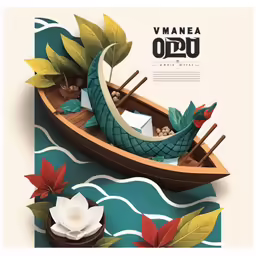 a paper cut of a boat with leaves on the side