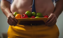 the person with an apron is holding a tray with fruit in it