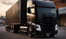 a truck driving down the road near buildings,a large black truck sitting on the side of a road
