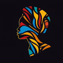 a womans face with multicolored shapes in the shape of her head
