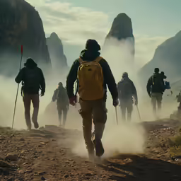 a group of men hiking up a hill during the day