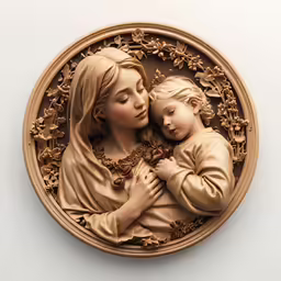 an antique virgin mary and child plaque on display