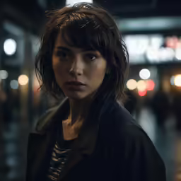 a woman with long bangs stands in an empty street