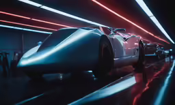 two futuristic cars sit in a dark garage