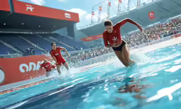 some women swimming in a pool and other women are watching