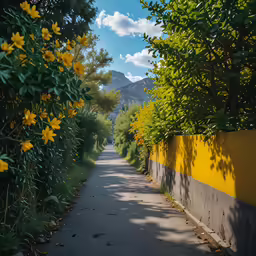 a tree lined lane with yellow flowers on it