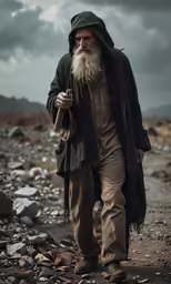 a man walking across a rocky ground with a long white beard