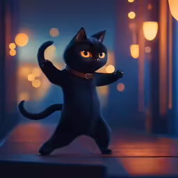 the animated black cat is making an energetic face