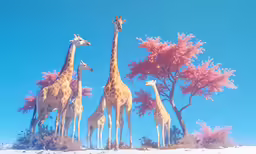 a group of giraffes standing in the sand by trees
