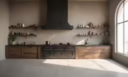 an old fashioned kitchen with wooden cabinetry and windows