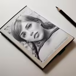an open book with a black and white photo of a girl