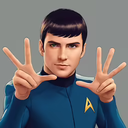 a man wearing a star trek uniform, holding two fingers up