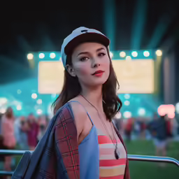 a woman wearing a hat stands in front of a large crowd at an event
