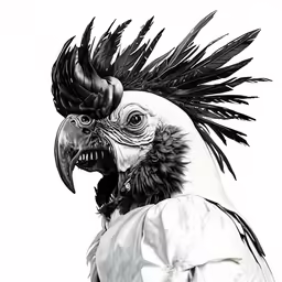 an artistic bird wearing an unusual hat and feathers