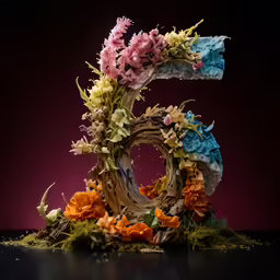 there is a number six made out of wood and flowers