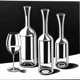 three empty wine glasses and two bottles