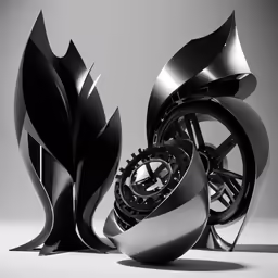 two black sculptures are on a gray background