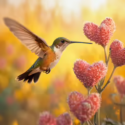 hummingbird hovers high into the air above a blooming flower