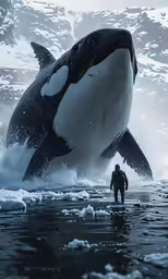 a man stands beside an orca whale in a body of water