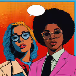 an image of two women with glasses and one woman is talking,two black women in suits and sunglasses against an orange background