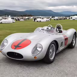 the classic sports car is parked on the side of the road