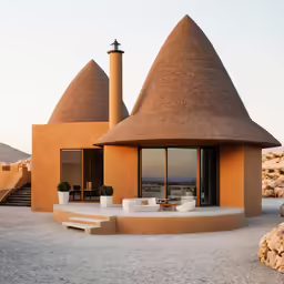 modern house with three chimneys and outdoor furniture