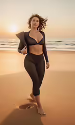 a woman wearing a bra and black body suit walks along the beach