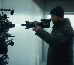 a man is holding a video camera by the wall