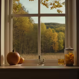 pumpkins in jars sitting on a window sill